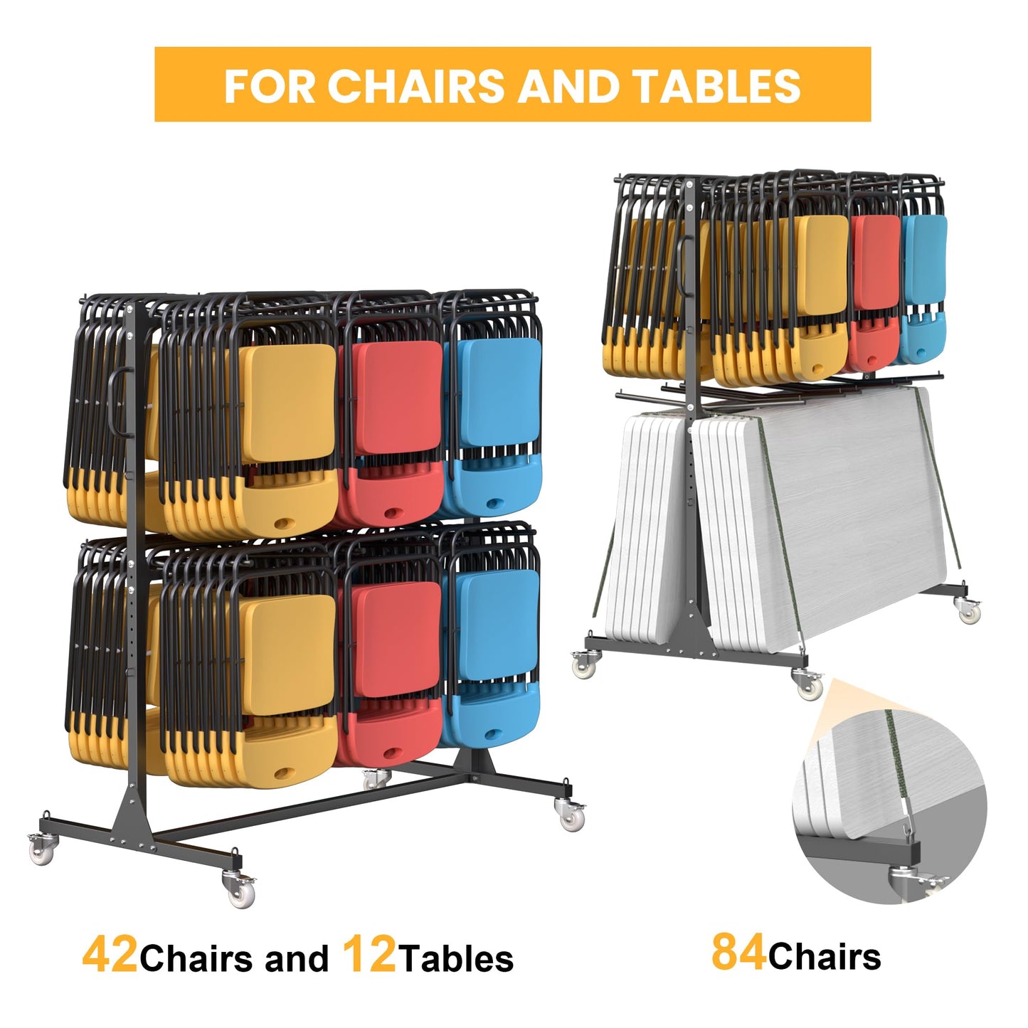 DTK Folding Chair Rack on Wheels,Rolling Rack to Hold 84 Chair or 12 Tables,Heavy-Duty Cart of 800lbs Capacity,Storage Holder Rack for Folding Chairs with Nylon Locking Wheels,Rain Cover,Elastic Cords