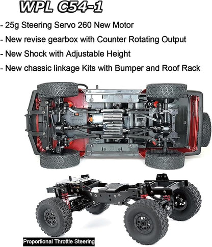 WPL C54-1 RC Crawler 1/16 RC Truck Off Road RC Rock Crawler 4x4 All Terrain RTR with Proportional Control 260 Motor Upgraded Chassis Counter Rotating Gearbox Hobby Toy Adult