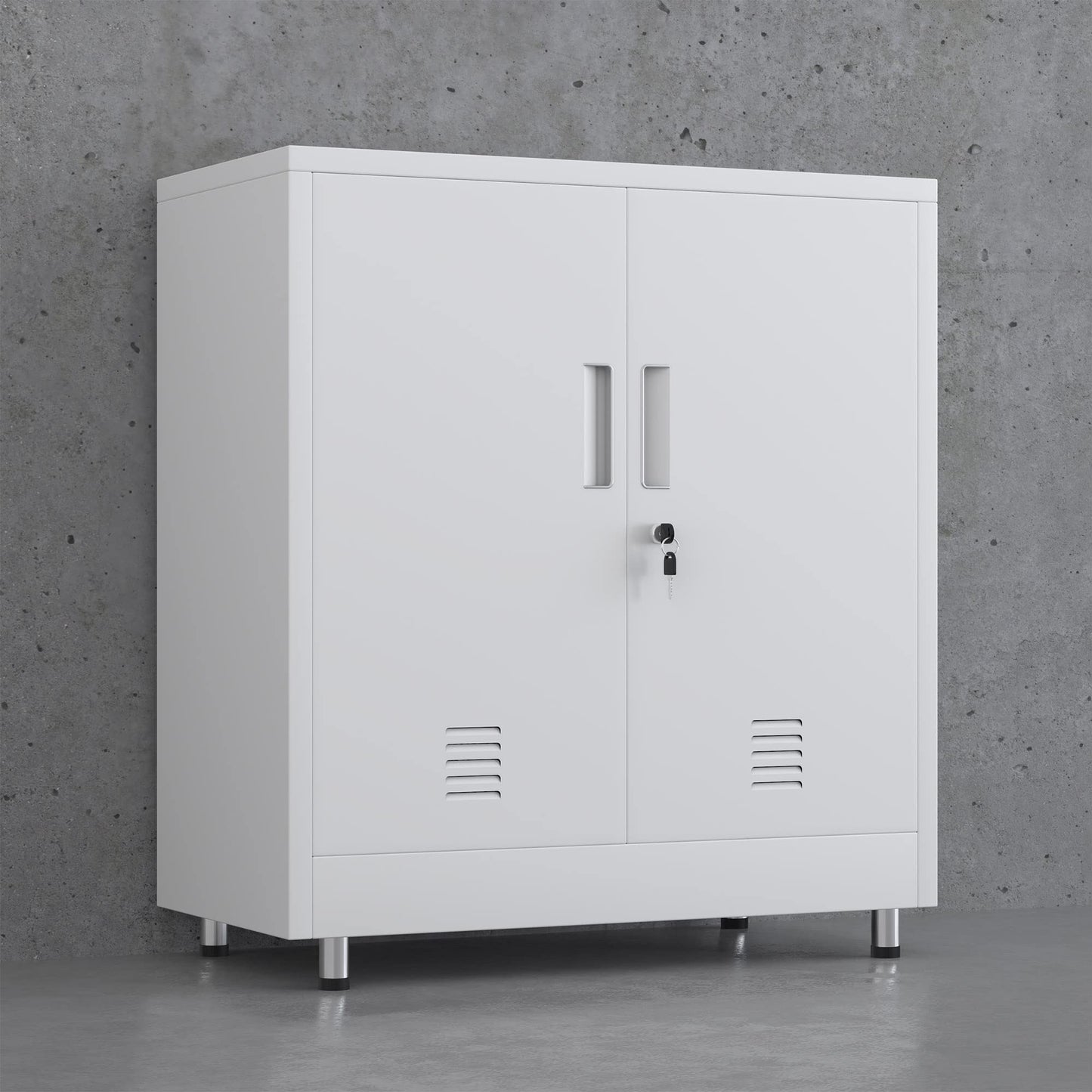 JINGUR Metal Storage Cabinet with Locking Doors and Adjustable Shelf, Small Lockable Sideboard Buffet Cabinet for Home Office Hallway Entryway Living Dining Room (White)