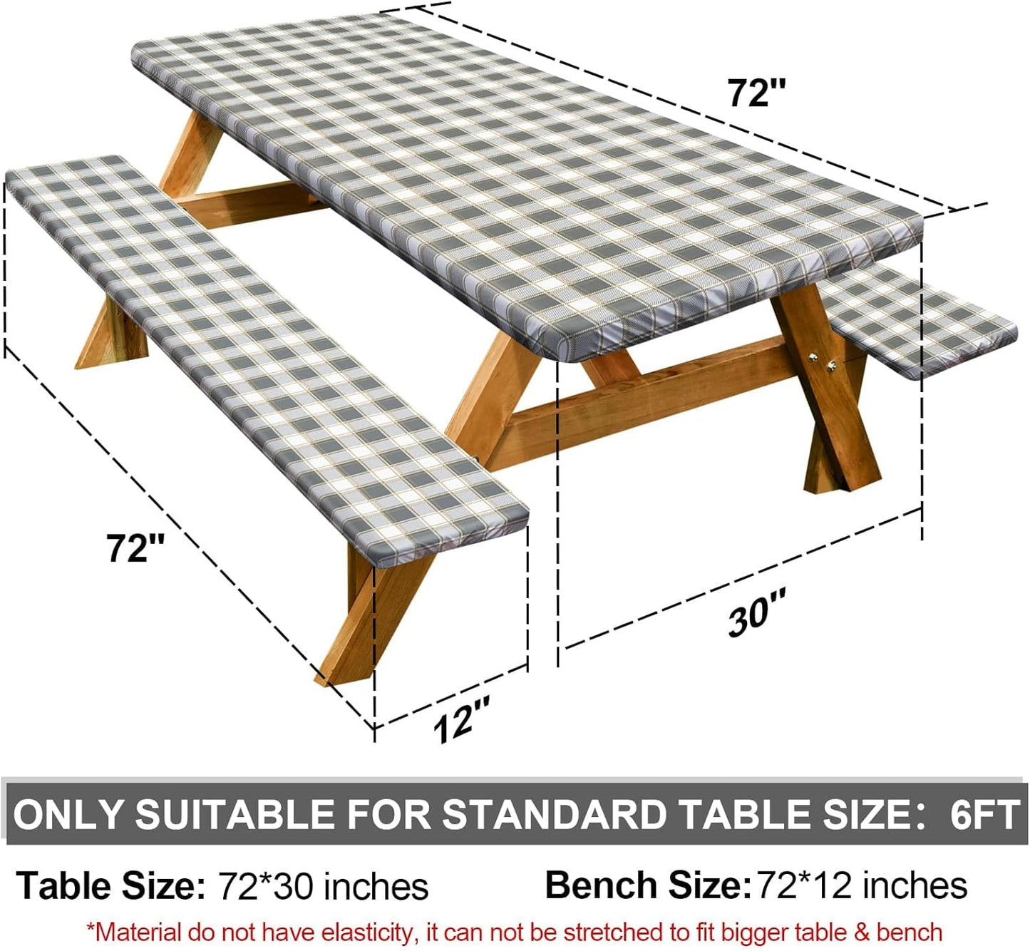 Picnic Table Cover - Waterproof & Windproof Camping Tablecloth with Bench Covers | 72in, Gray White