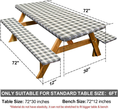 Picnic Table Cover - Waterproof & Windproof Camping Tablecloth with Bench Covers | 72in, Gray White