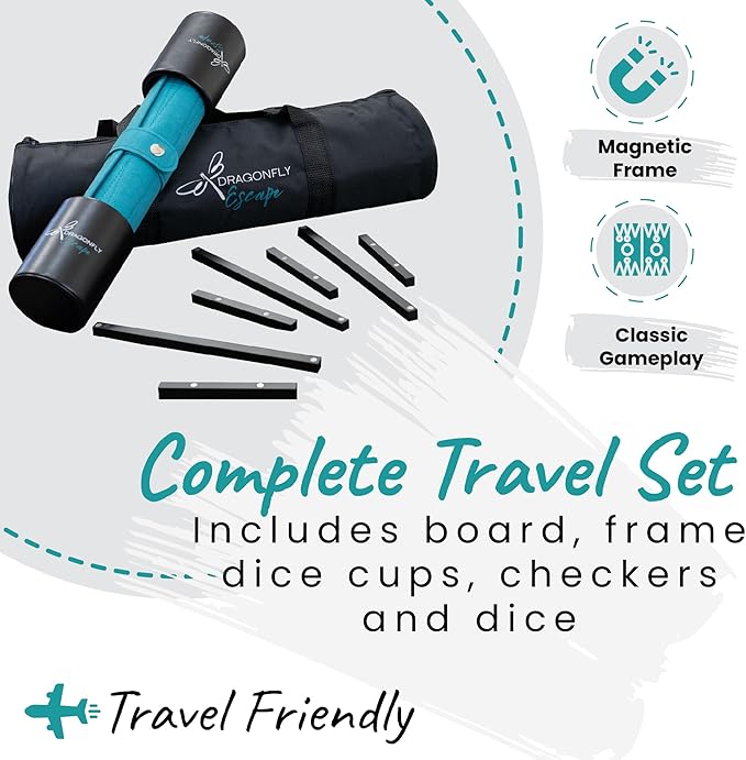 Travel Backgammon Set Deluxe – Roll-Up Board with Magnetic Wooden Frame Dice Cups and Bag - Unique Travel Backgammon Set for Adults