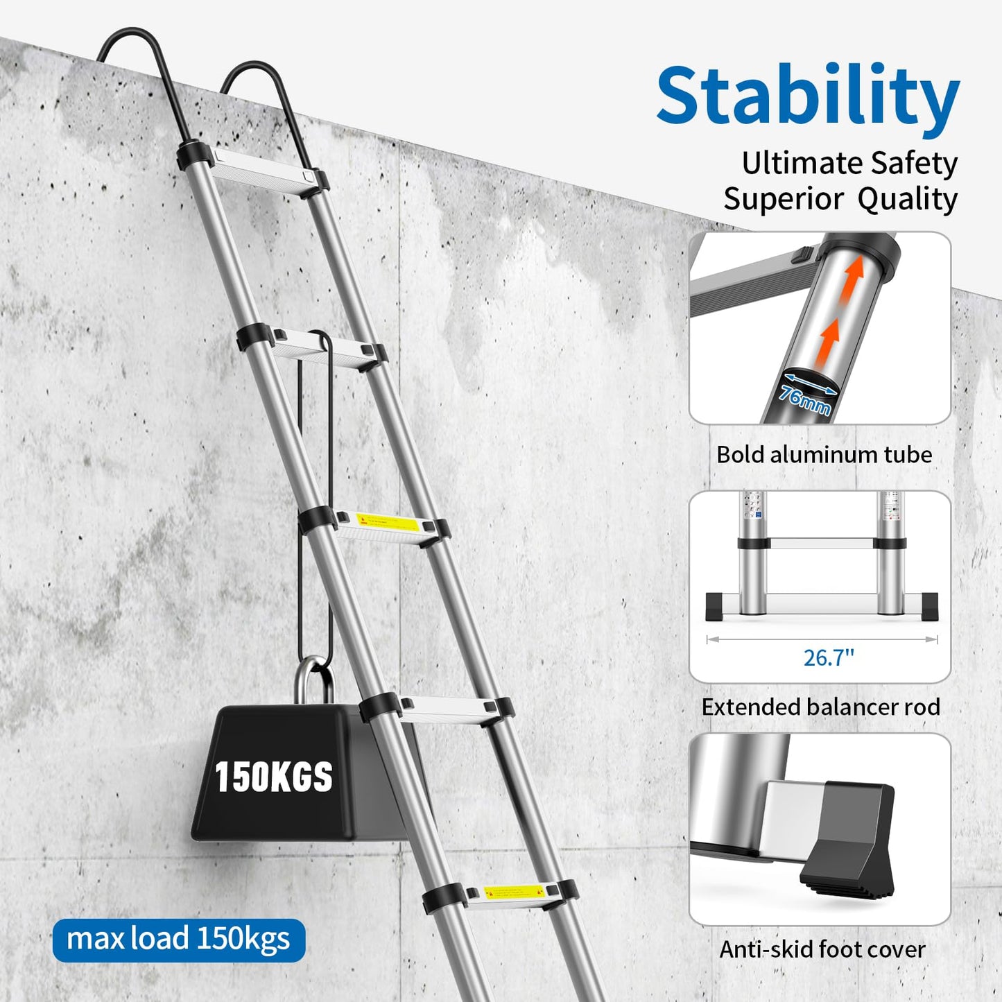 Telescoping Ladder,16.5FT Extension Ladder, Heavy Duty 330lbs Max Capacity, Multi-Purpose Collapsible Ladder with Stable Hook and Balancing Bar for RV or Outdoor Work