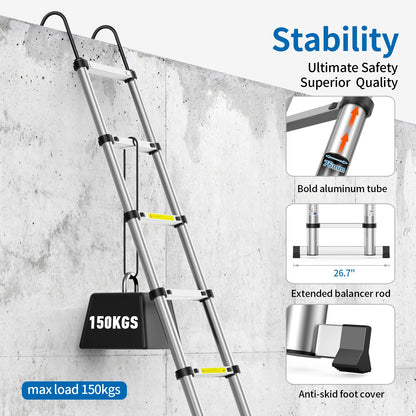 Telescoping Ladder,16.5FT Extension Ladder, Heavy Duty 330lbs Max Capacity, Multi-Purpose Collapsible Ladder with Stable Hook and Balancing Bar for RV or Outdoor Work