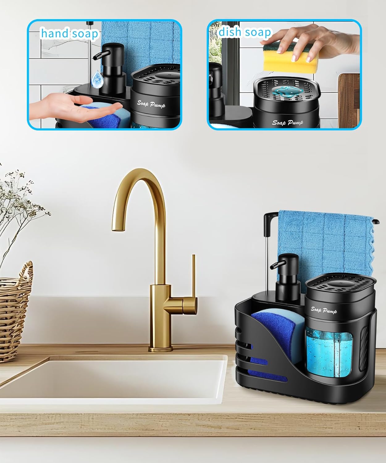 Skiennix Kitchen Soap Dispenser Set - 4-in-1 Dual Soap Dispenser with Sponge & Dishcloth Holder | Black