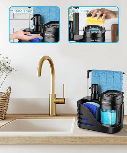 Skiennix Kitchen Soap Dispenser Set - 4-in-1 Dual Soap Dispenser with Sponge & Dishcloth Holder | Black