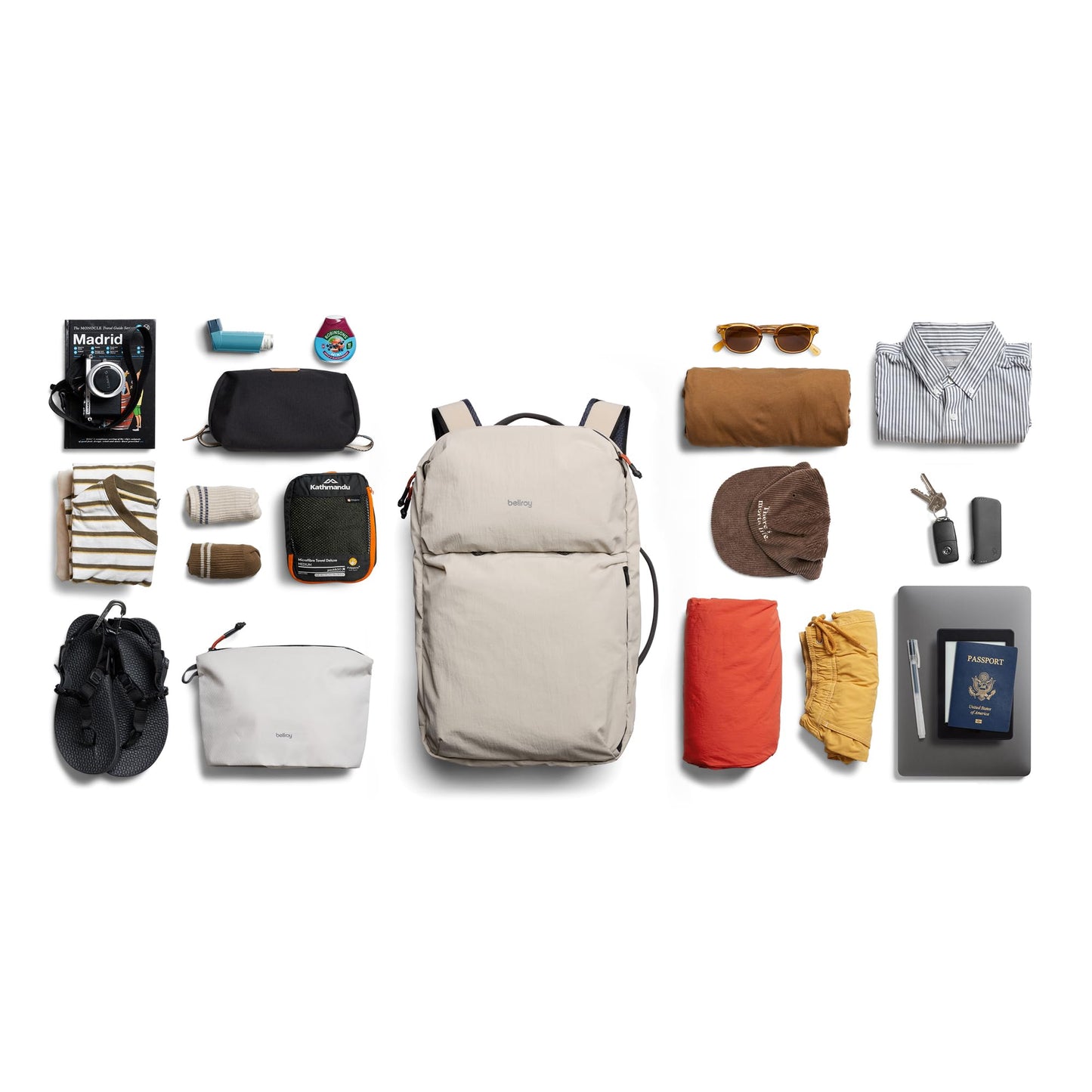 Bellroy Lite Travel Pack 38L (carry-on backpack, large travel backpack for international travelers, with laptop pocket, interior packing cells and tuck-away shoulder straps) - Ash