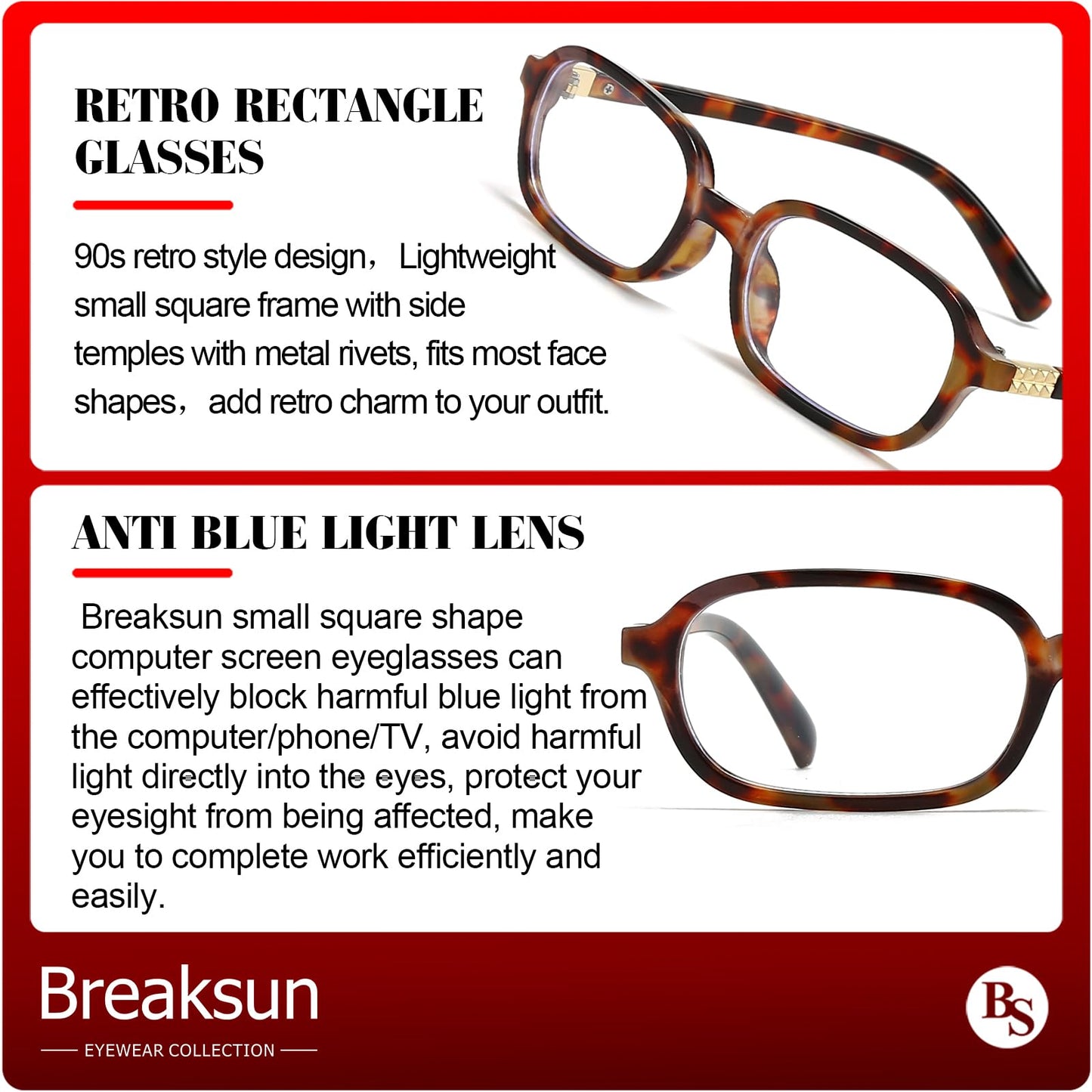 Breaksun Retro Rectangle Glasses for Women Men Small Square Blue Light Blocking Glasses Vintage Eyeglasses (Tortoise)