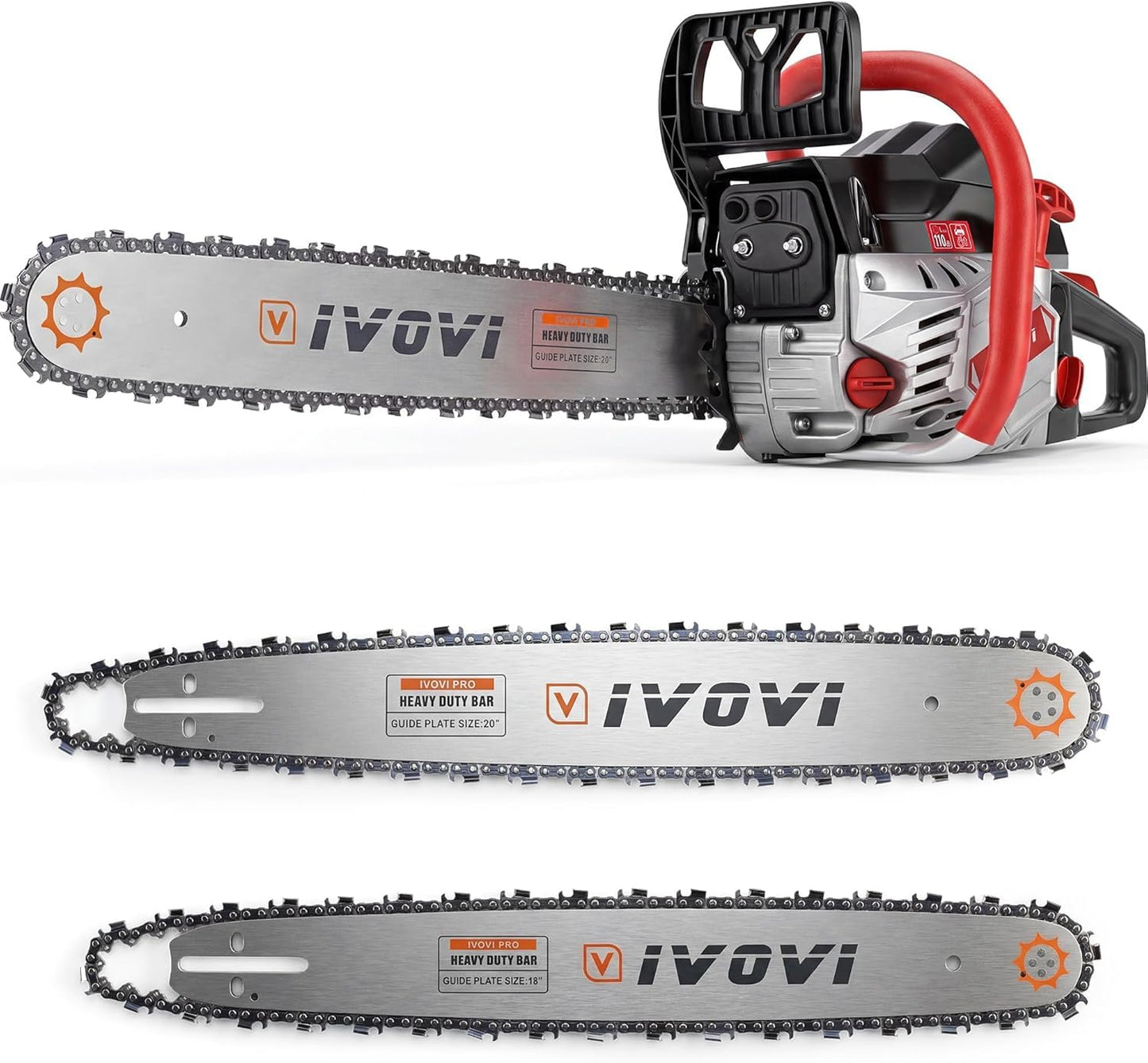 IVOVI 63CC Gas Powered Chainsaw with 20 and 18 Inch Bars, 3.7HP 2-Cycle Engine for Tree Felling, Logging and Firewood Preparation, Includes Portable Carrying Pouch and Tool Kit (Yello)
