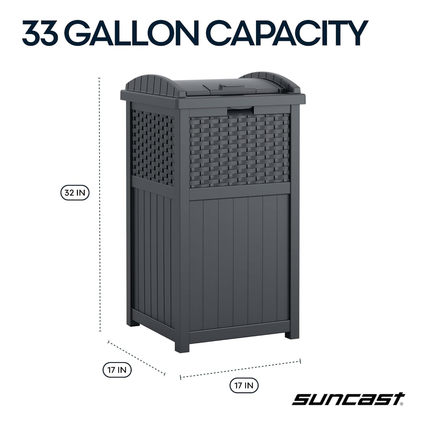Suncast 33 Gallon Wicker-Style Trash Can - Weather-Resistant with Secure Latching Lid | Cyberspace Grey