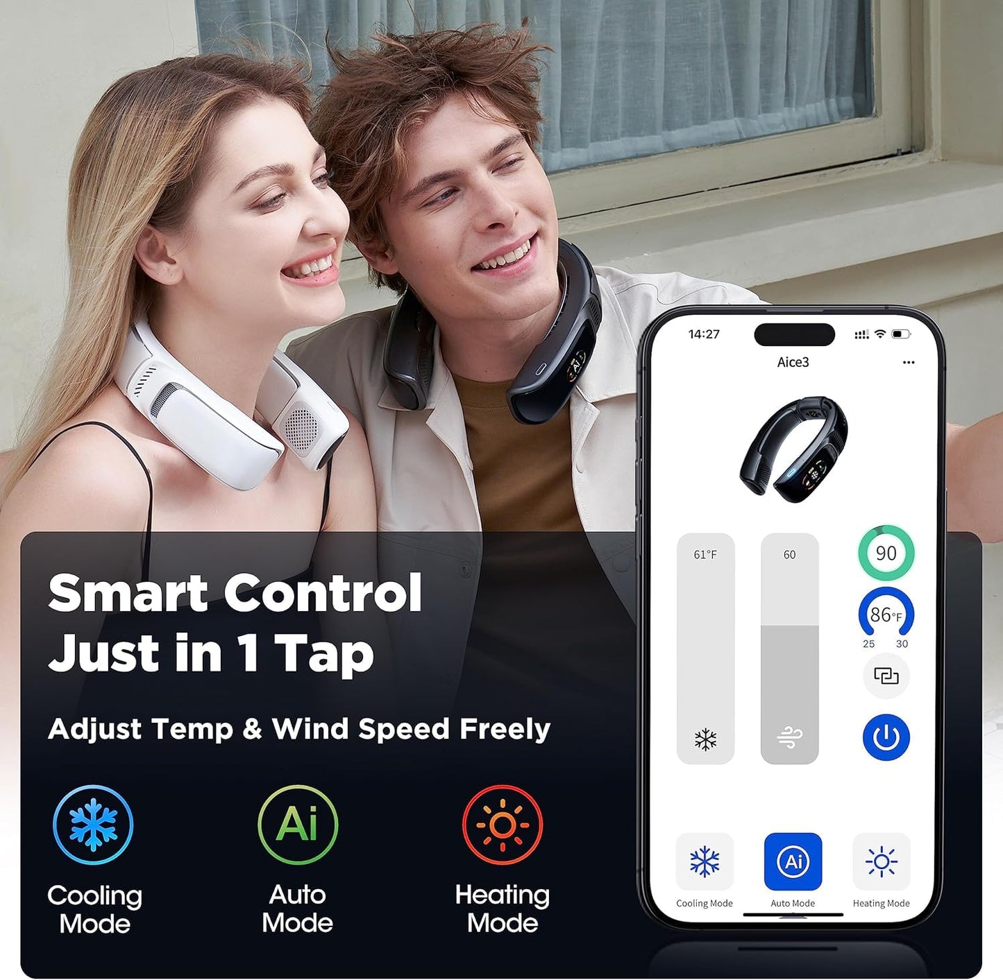 RANVOO No.1 AI Cooling A/C AICE 3 AI Neck Air Conditioner 7000mAh 30H [Full-body Cooling] [Health Monitor] Personal Neck Fan Cooler Rechargeable Wearable Music Call Gift [No Stand Version], Ice White