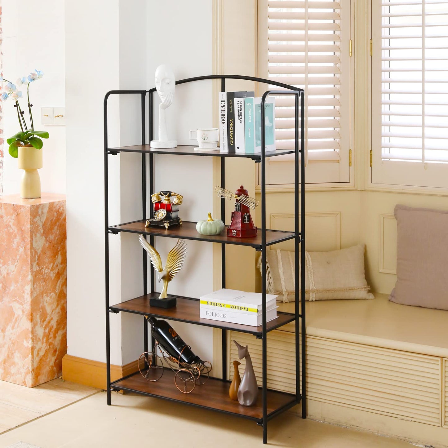 Crofy No Assembly Folding Bookshelf for Living Room, 4 Tier Black Collapsible Book Shelf for Home Office, Portable Bookcase Storage Organizer
