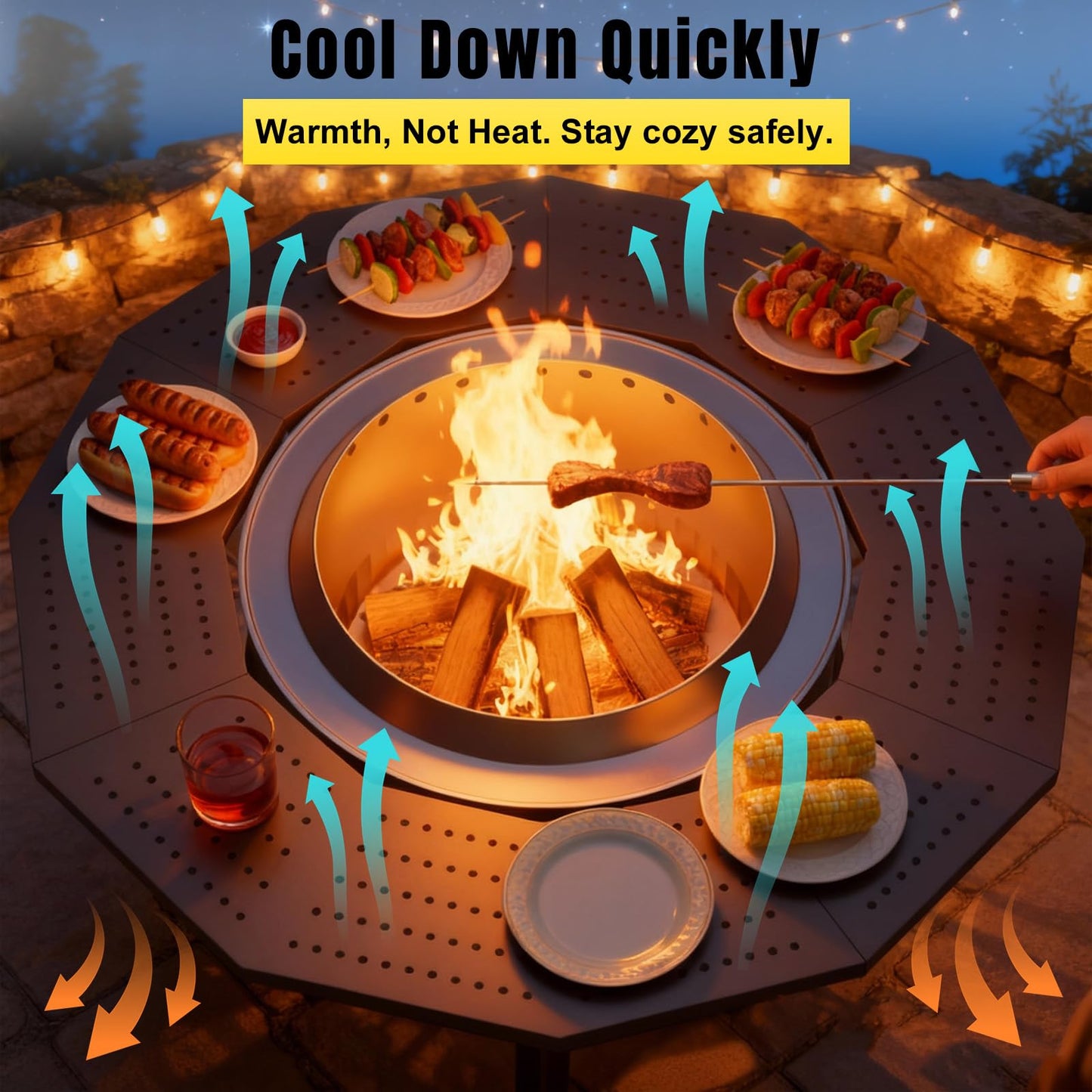 48" Fire Pit Surround Tabletop for Solo Stove Yukon Portable Protective Barrier for Wood Burning Fire Pits Outdoor Bonfire Fire Pit with Firewood Storage Shelf