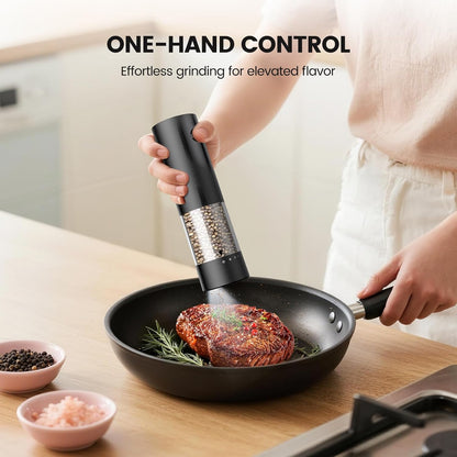 Skiennix Electric Salt and Pepper Grinder Set - Rechargeable Automatic Shakers with Adjustable Coarseness | 2 Pack in Black/White