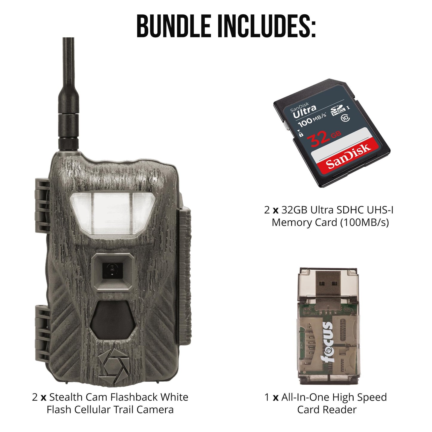 Stealth Cam Flashback 40MP White Flash Cellular Trail Camera 2-Pack with Two 32GB Memory Cards and Card Reader (5 Items)