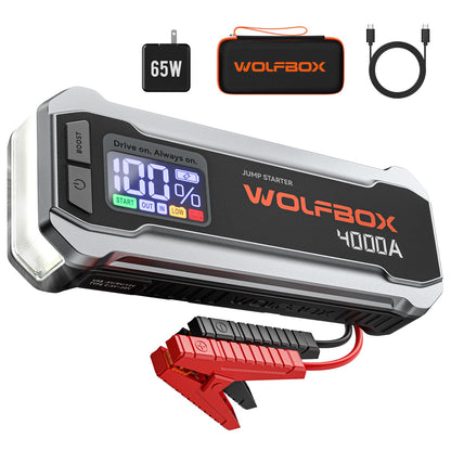 WOLFBOX 4000A Jump Starter,12V Car Battery Jumper Starter Portable with 65W Quick Charger,LED Display,88.8Wh Booster Jump Box Pack (10L Gas 10L Diesel Engine) with LED Light,Jumper Cables