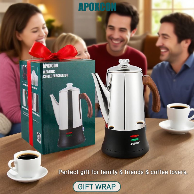 APOXCON Electric Coffee Percolator Stainless Steel Coffee Maker with Two Heat Resistant Glass Knob & Treated Solid Wood Handle Keep Warm Cordless Serve Elegant Design Coffee Pot On/OFF Switch 8 Cup