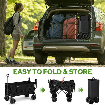 BEAU JARDIN Folding Push & Pull Beach Wagon 500 lbs Collapsible Foldable Wagons with Push Handle All Terrain Wheels Grocery Utility Camping Skiing Ice Fishing Sports Garden Wagon Cart Black