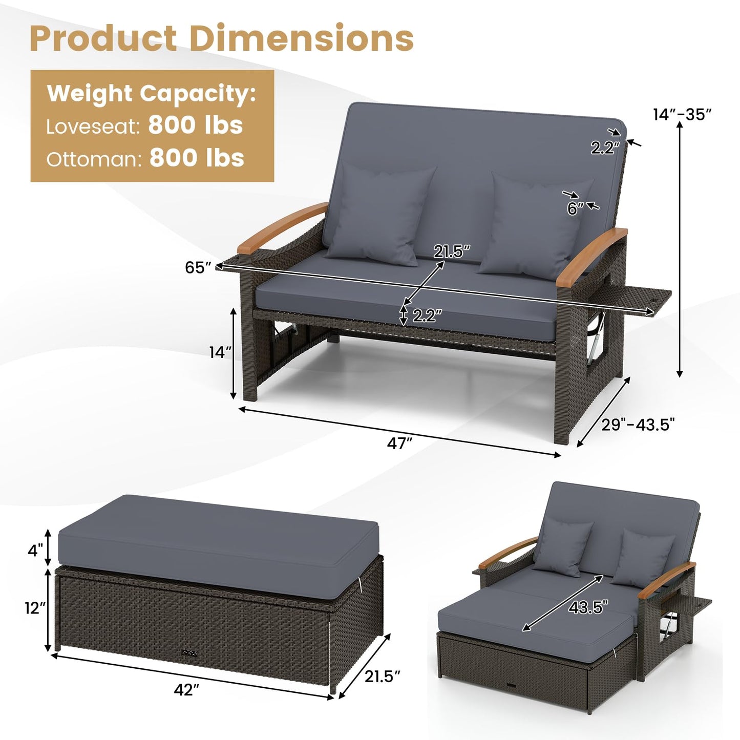 Tangkula Patio Rattan Daybed with 4-Level Adjustable Backrest, Outdoor Wicker Loveseat with Acacia Wood Armrest, Storage Ottoman & Folding Tray, Double Sunbed for Lawn Yard & Poolside, Grey & Brown