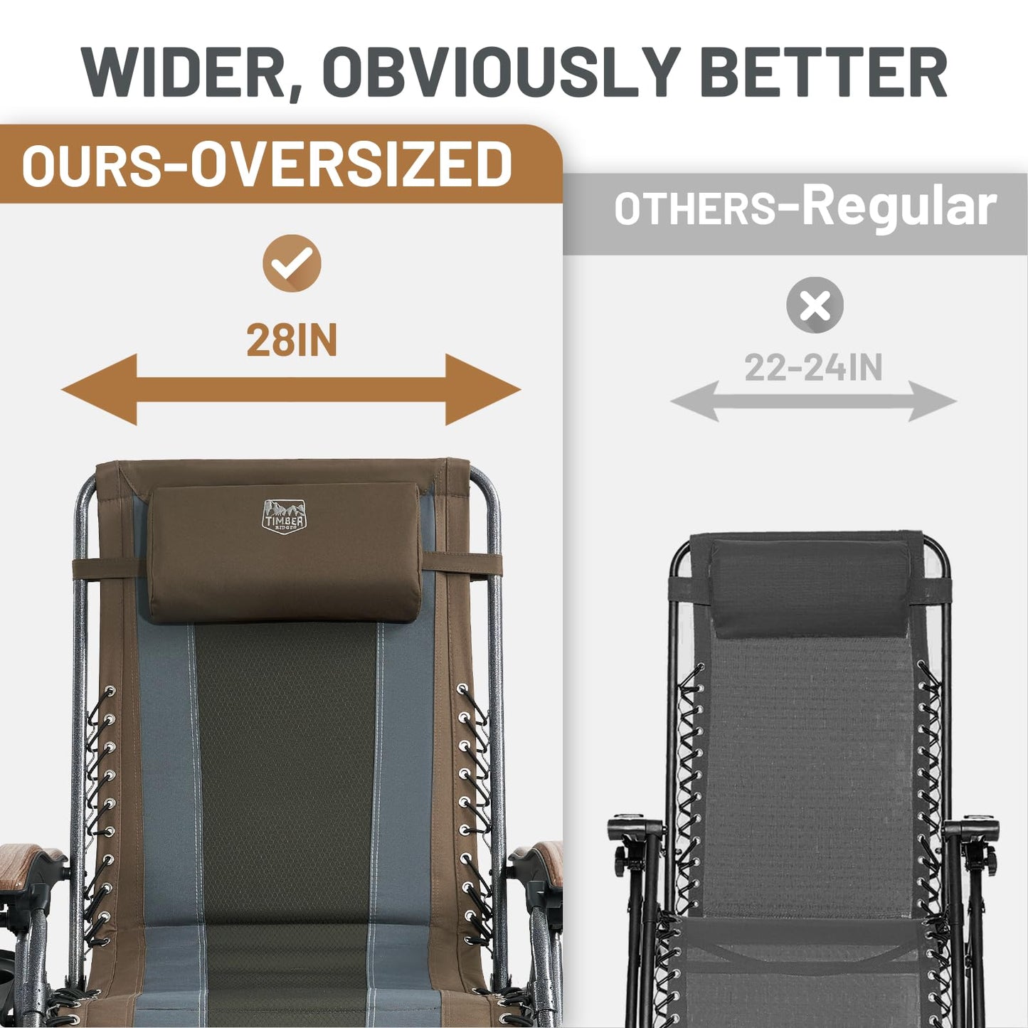 TIMBER RIDGE Outdoor Reclining Padded with Adjustable Headrest and Cup Holder Foldable Zero Gravity Lawn Chair for Adults, Supports 350 LBS, Brown-2 Pack