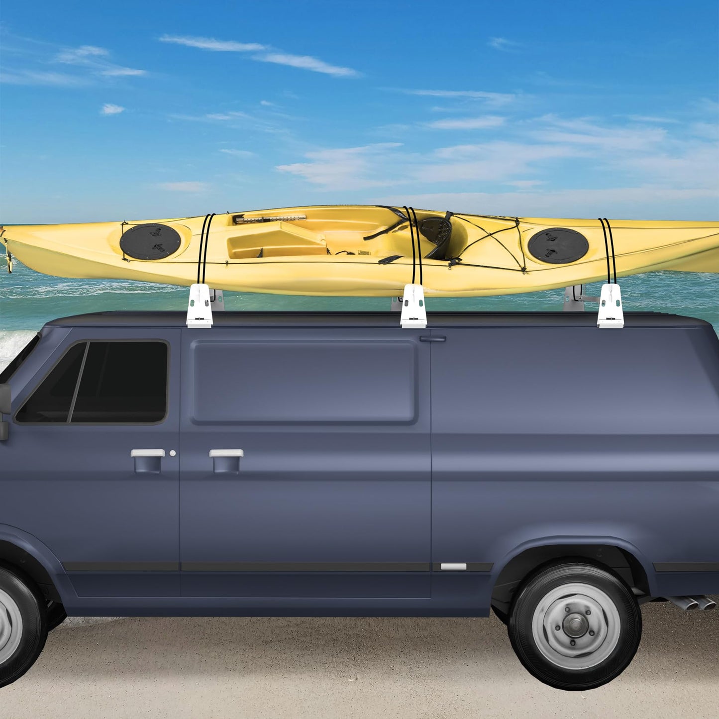 Neorexon Universal Van Roof Rack 3 Bar Set, Adjustable Length 41.5''- 70'', Van Roof Ladder Rack Fit for Chevy Express 1500 2500 3500 Ford Econoline GMC Savana Cargo Vans with Rain Gutter, White