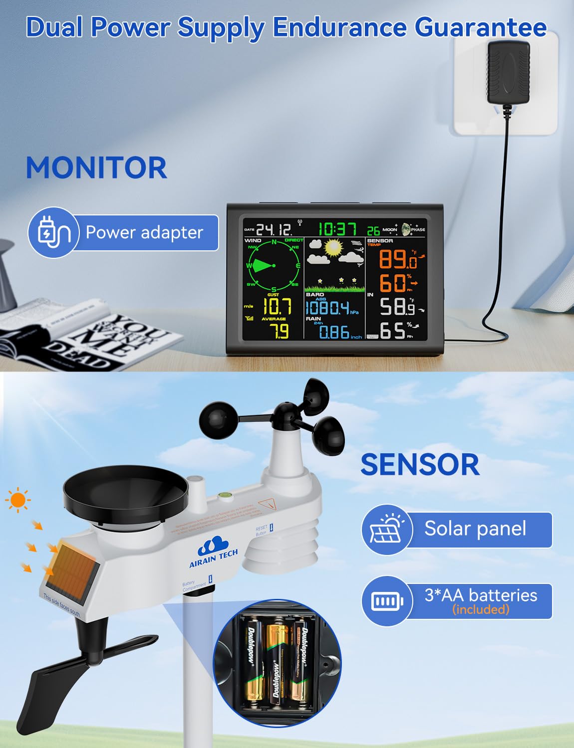 AIRAIN TECH 10-in-1 Wireless Weather Station with Dual Display, Outdoor Sensor, Rain Gauge, Atomic Clock, Wind Speed, Indoor Temp/Humidity, Barometric Pressure,etc (No WiFi)