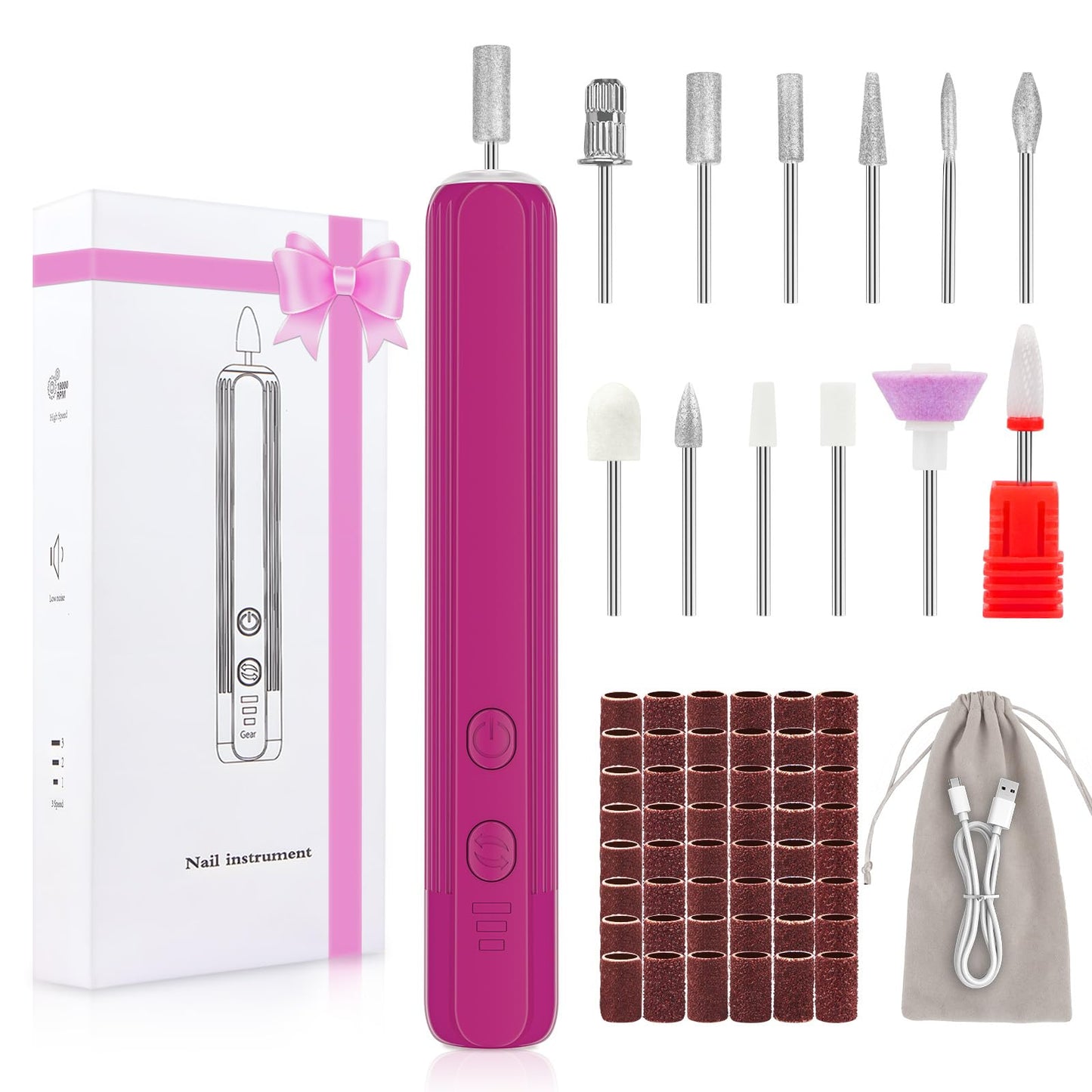 Professional Nail Drill Set, 2,0000 RPM Electric Nail File with 12 Grinding Head & 100Pcs Sanding Bands for Acrylic Gel Nails, Manicure and Polishing (Beige)