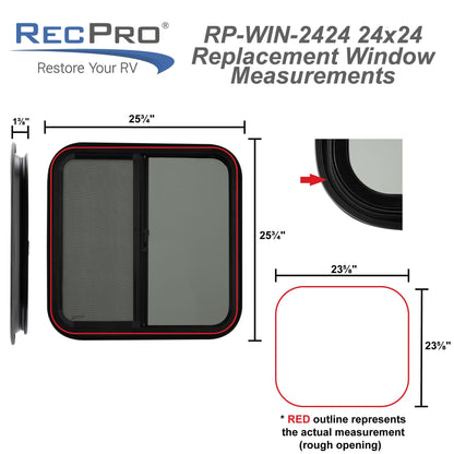 RecPro RV Window Replacement | Teardrop Style | 24inW x 24inH | Black Glass | Model RP-WIN