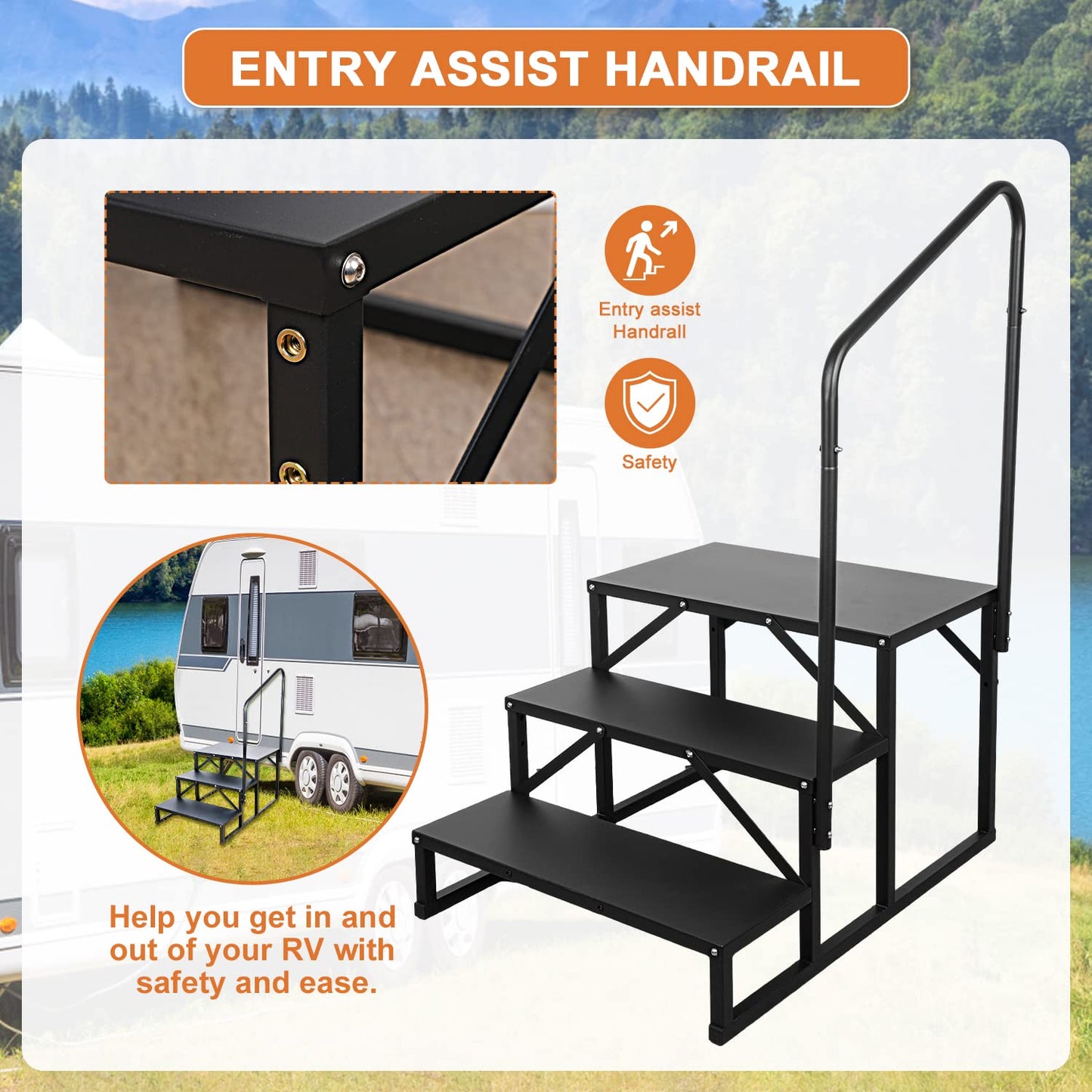 Kinchoix 3 Step RV Stairs, Hot Tub Steps, Outdoor Spa Step Ladder with Handrail,Portable Economy 5th Wheel Stair for Travel Trailer, Motor Home, Camper and Porch with Non-Skid Tapes