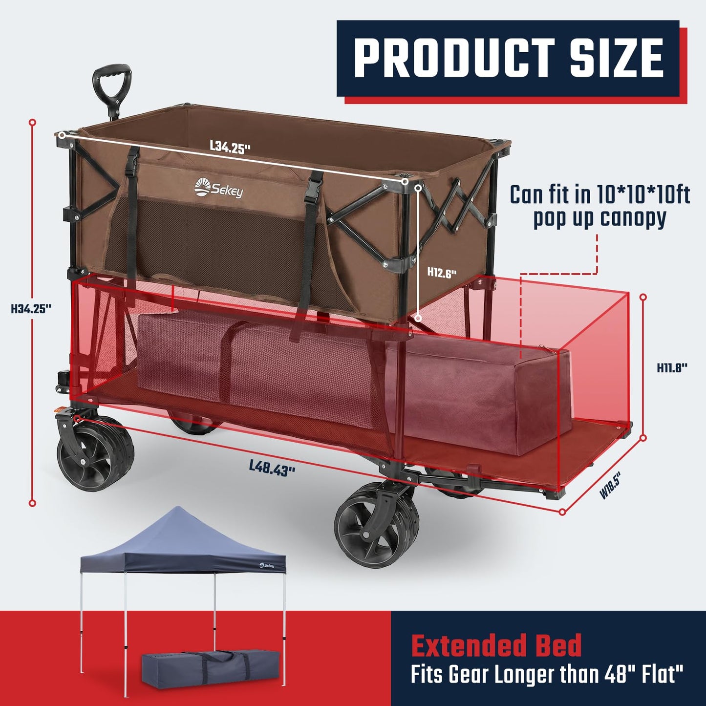 Sekey 500LBS Heavy Duty Double Decker Wagon with Extender, 400L Large Capacity Collapsible Garden Cart Fits 10x10 Canopy, All-Terrain Big Wheels with Brakes, Foldable Utility Wagon for Sports, Camping