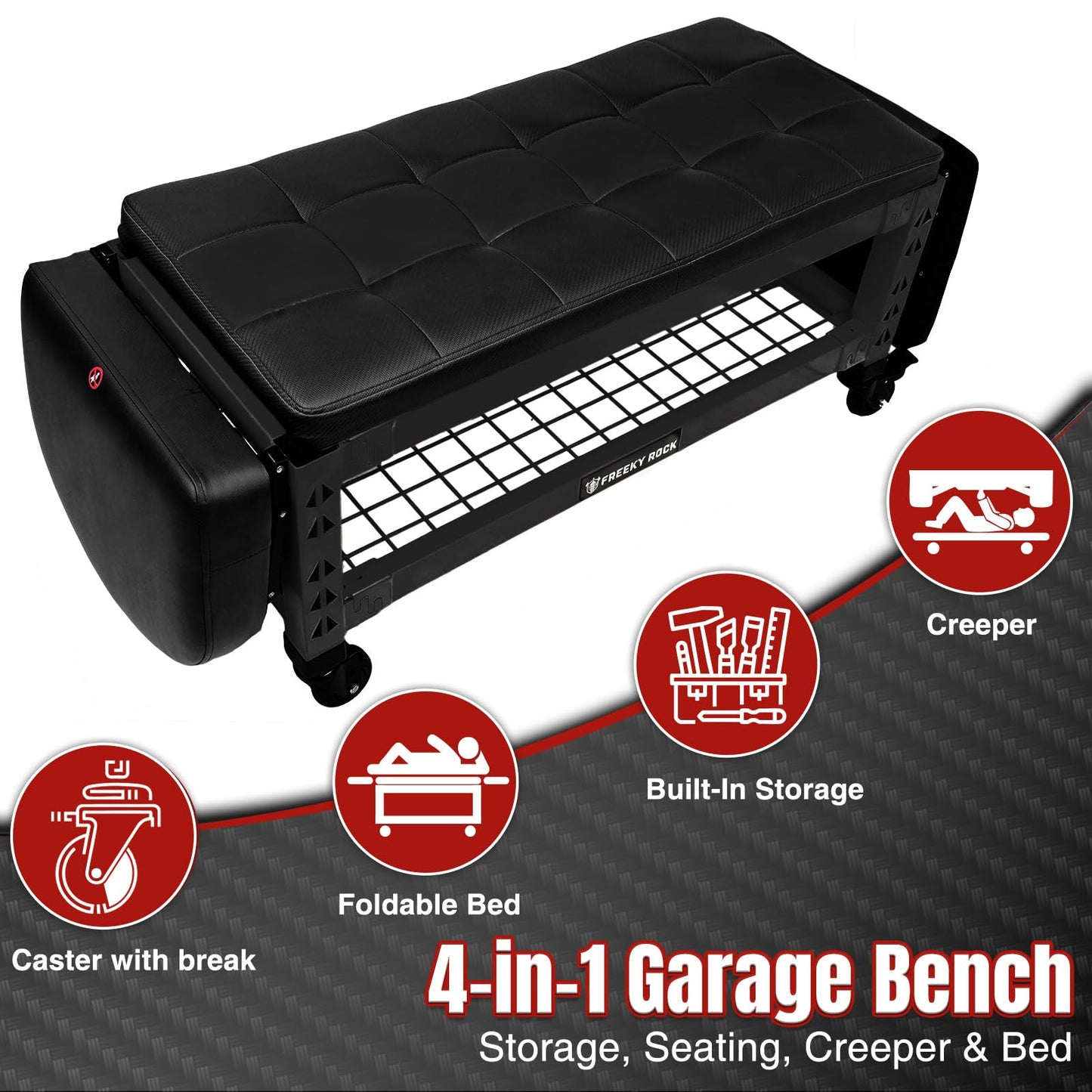 Rolling Garage Stool Bench 4-in-1 Folding Work Seat with Removable Creeper Pad & 2-Tier Storage, Heavy-Duty 500LB Capacity, Shoe Rack Storage Shelf Convertible Bed for Garage, Workshop, Gym, Black