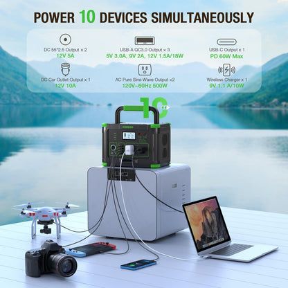 500W Portable Power Station, 519.48Wh Outdoor Solar Generator, 10-Port Powerhouse for RV/Van Camping Fishing Climbing Road Home Emergency