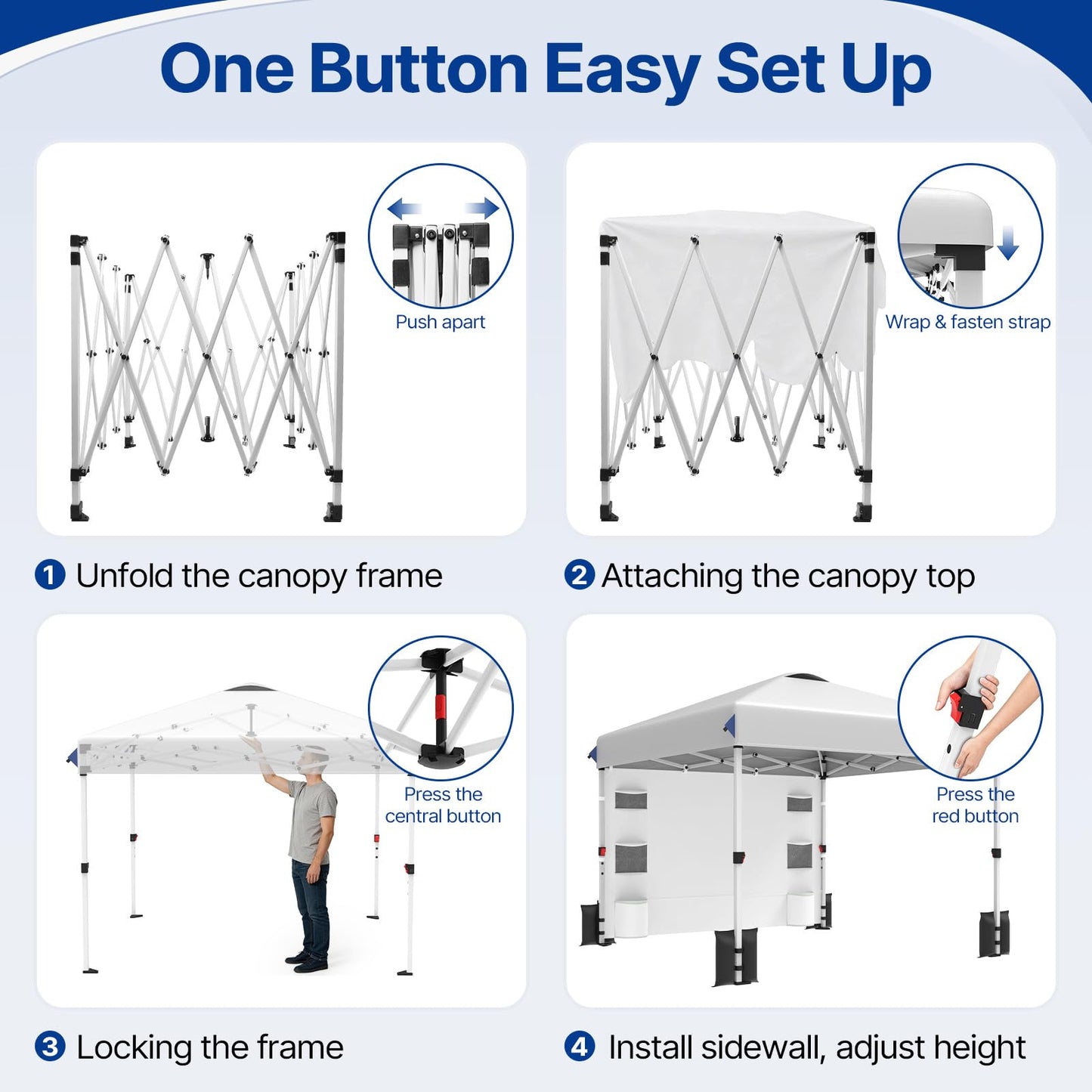 10x10 FT Pop Up Canopy Outdoor Tent with 1 Sidewall and 6 Pockets, 1-Button Push Easy Set Up, 3-Height Adjustable Beach Shade, Heavy Duty Sun Shelter for Vendor Events Camping Party Outdoor Activities