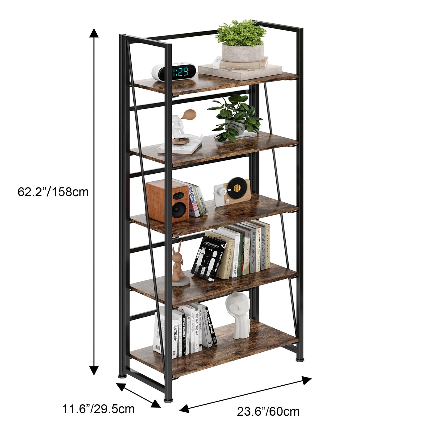 BHG Vintage Multifunctional Folding Bookshelf, No-Assembly Plant Stand Storage Rack Shelves for Home Office (Fire, 5-Tier)