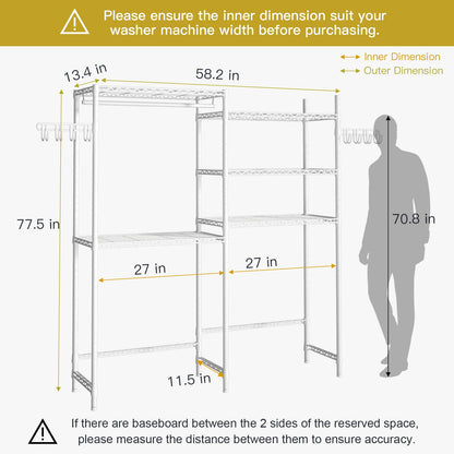 Ulif U5 Over the Washer and Dryer Storage Shelf, Laundry Room Space Saver Bathroom Storage and Organizer Rack for Hanging Towels and Drying Clothes with 5 Wire Shelves, 58.2"W x 13.4"D x 77.5"H, White