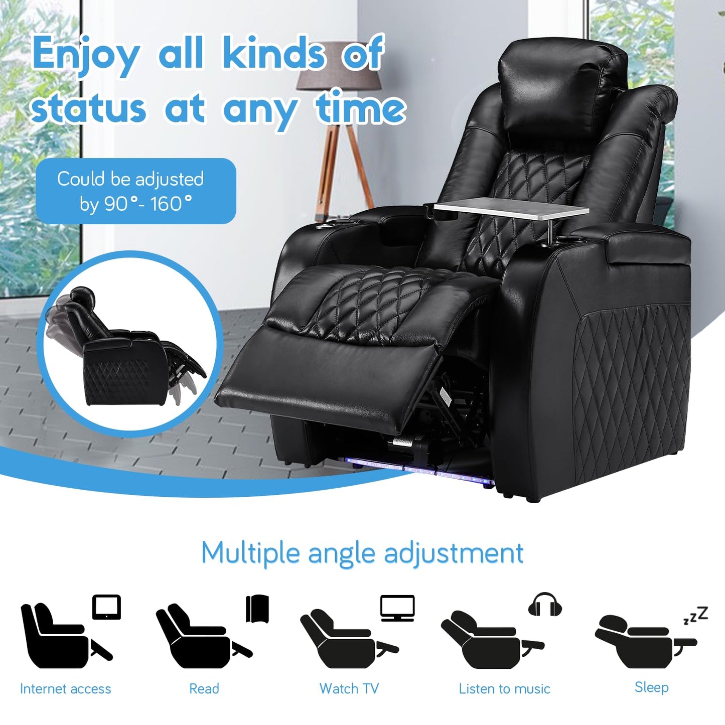 Weilianda Home Theater Seating Top Grain Leather Recliner Chair Power Headrest and Recline Movie Seats Gaming Sofa with Tray Table Type-C USB Charge Cup Holders Row of 6 Black
