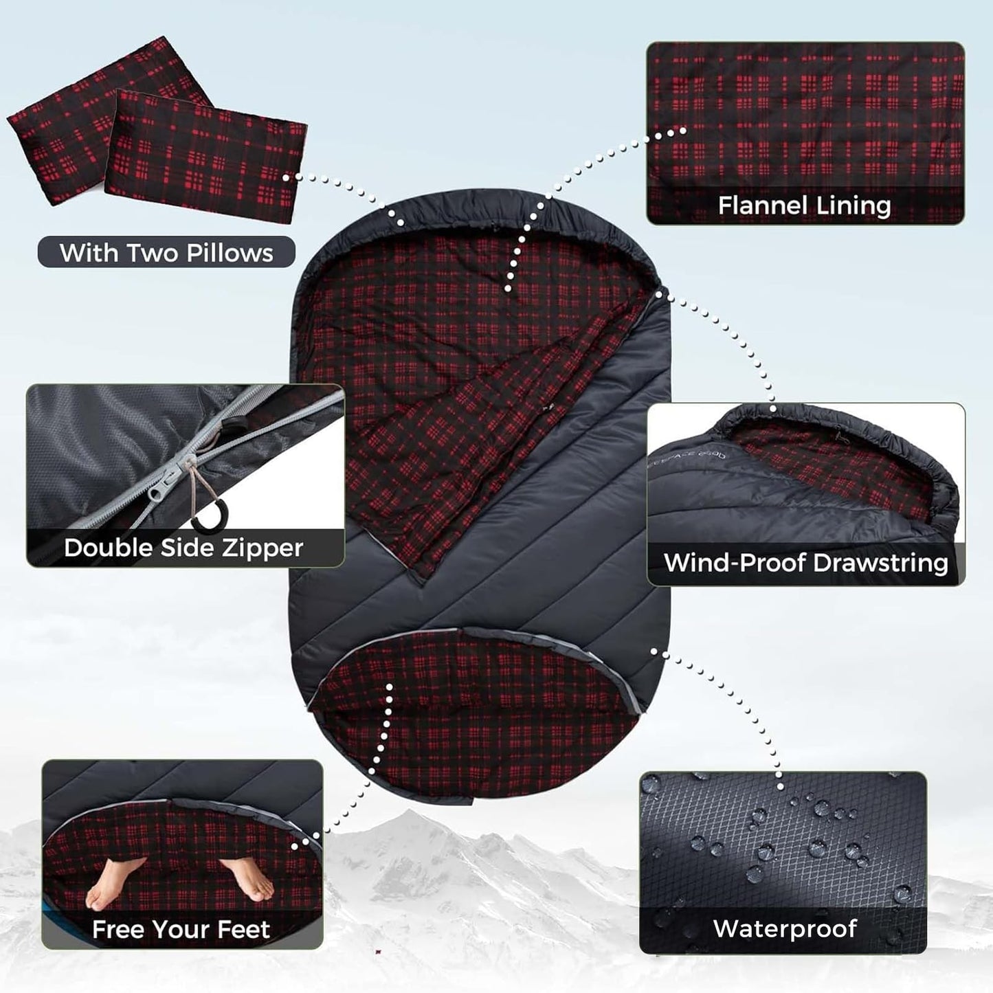 KingCamp Double Sleeping Bag for Adults, Queen Size 2 Person XXL Flannel Sleeping Bag, Lightweight Waterproof with 2 Pillows & Compression Sack for Couples & Family Camping Hiking, Grey
