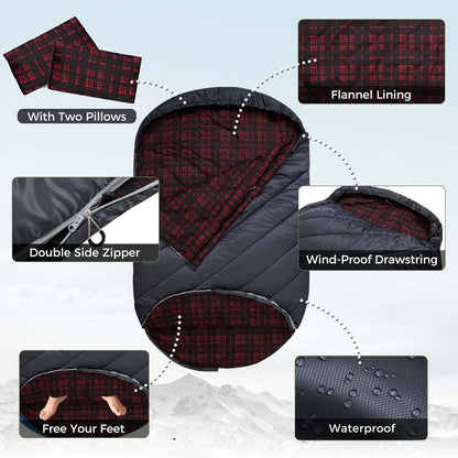 KingCamp Double Sleeping Bag for Adults, Queen Size 2 Person XXL Flannel Sleeping Bag, Lightweight Waterproof with 2 Pillows & Compression Sack for Couples & Family Camping Hiking, Grey