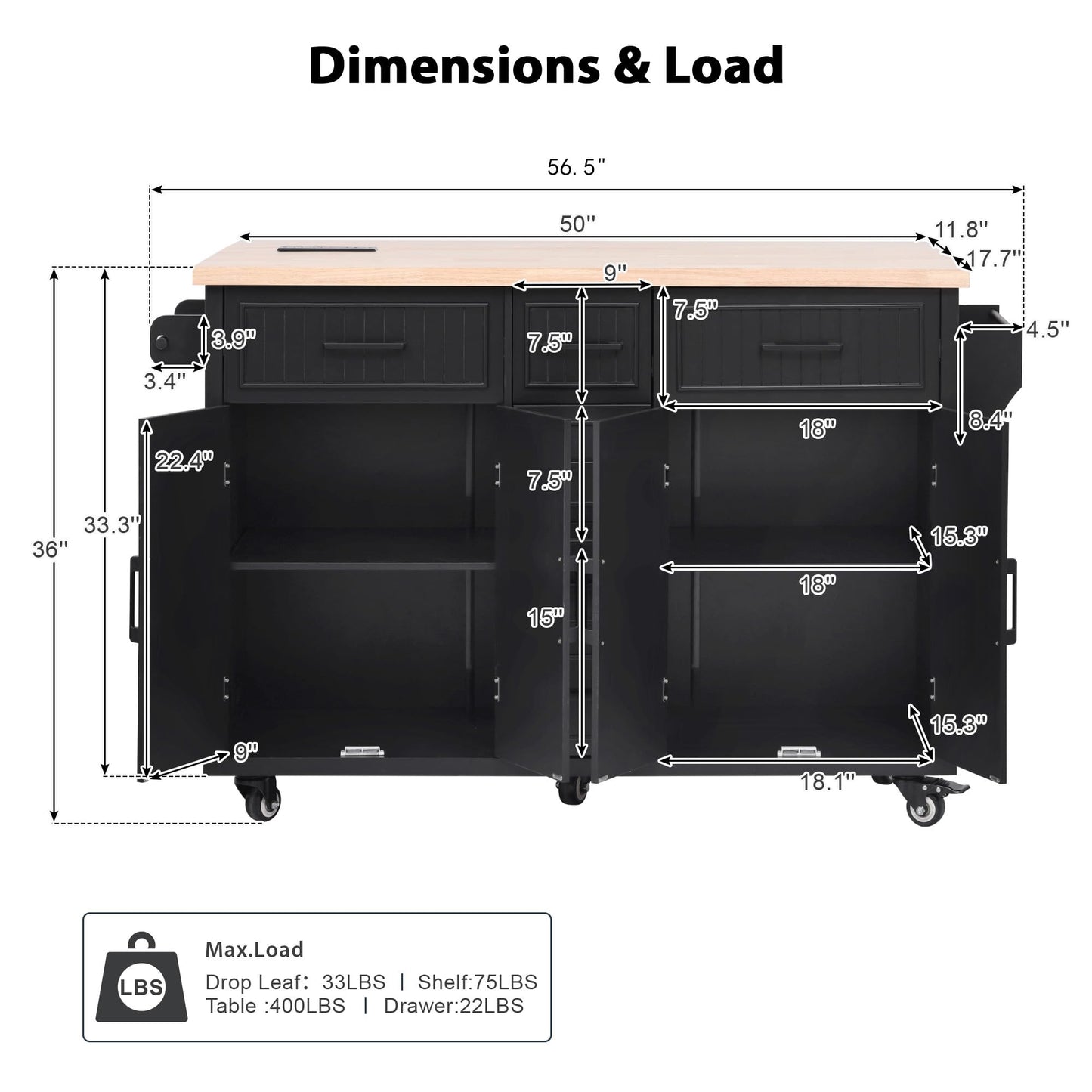 Trygoal Kitchen Island with Power Outlet and Drop Leaf, 56.5" Rolling Kitchen Cart on Wheels with 5 Drawers & 4 Soft-Closing Doors, Mobile Kitchen Island with Embossed Stripe for Dining Room, Black