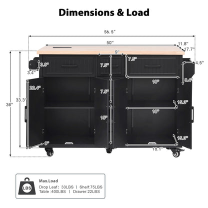 Trygoal Kitchen Island with Power Outlet and Drop Leaf, 56.5" Rolling Kitchen Cart on Wheels with 5 Drawers & 4 Soft-Closing Doors, Mobile Kitchen Island with Embossed Stripe for Dining Room, Black
