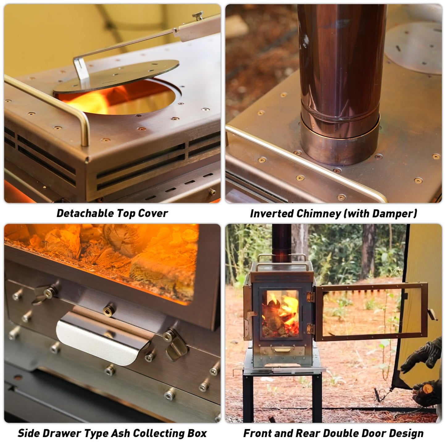 POMOLY Camping Tent Stove Wood Stove, Dweller Ultra 4 Stainless Steel Wood Burning Stove and Stove Frame Base for Cooking, Heating (with 4 Glasses)