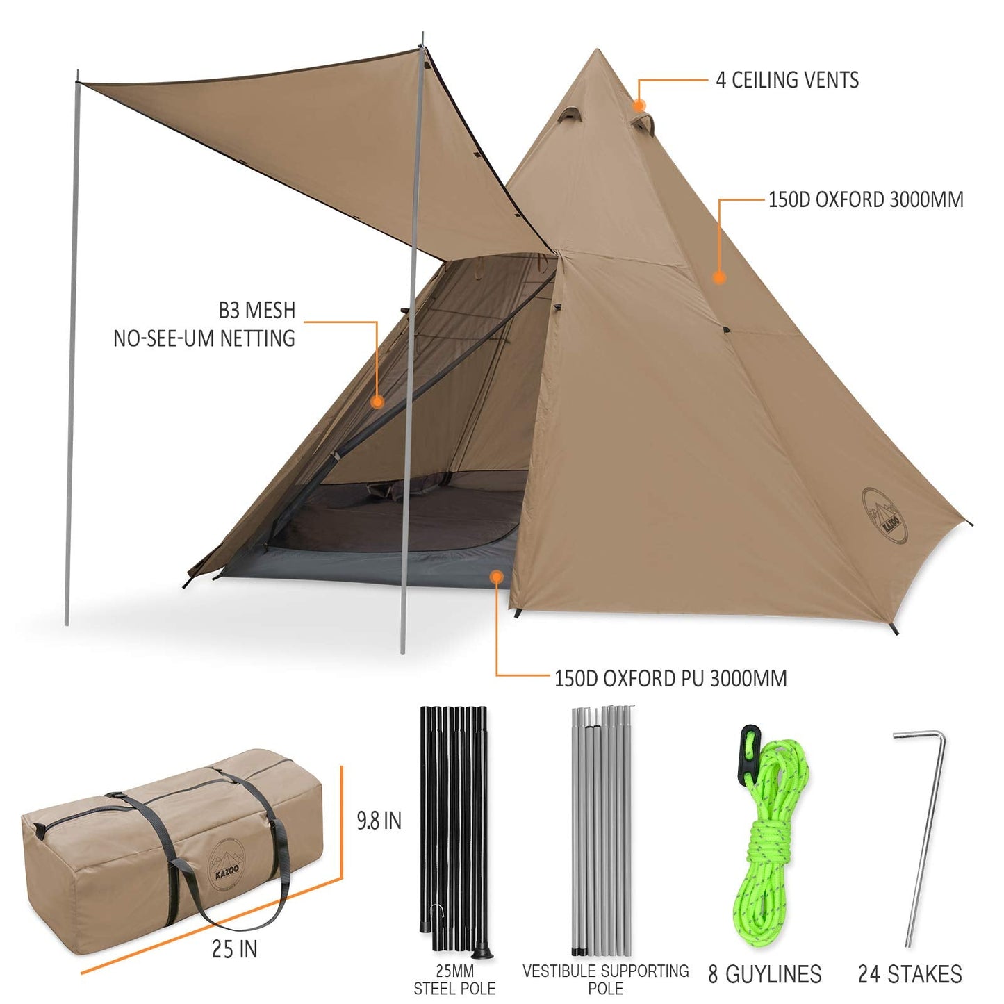 KAZOO Family Camping Tent Large Waterproof Tipi Tents 8 Person Room Teepee Tent Instant Setup Double Layer (Beige)