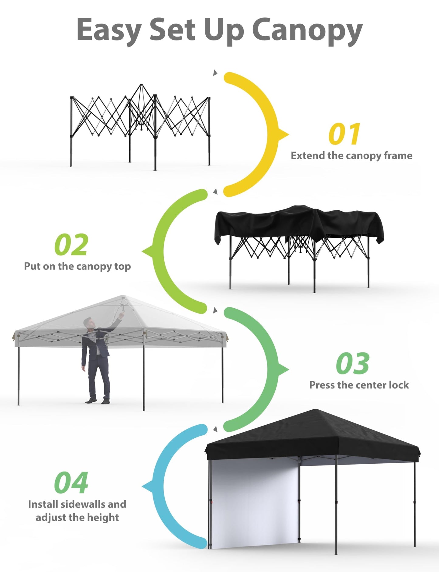 GarveeLife 10x10 Pop Up Canopy with One Sidewalls - Easy Up Camping Tent with One Button Push Setup - 1 Roller Bag, 3 Adjustable Height, 4 Weight Bags for Deck, Garden, Sports, Beach, Party - Black