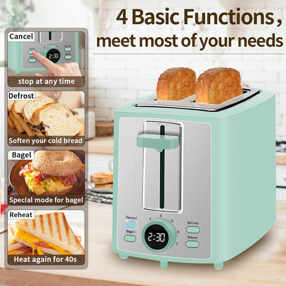 SEEDEEM 2-Slice Toaster - LCD Display, 7 Shade Settings, Extra Wide Slots, Azure Blue