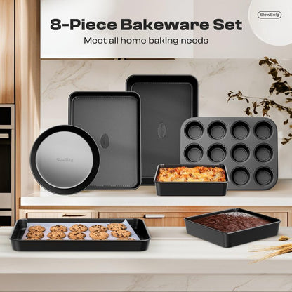 Slow Slog Nonstick Baking Pans Set, 8-Piece Stackable Bakeware Sets, Non-Toxic Oven Pan Set, Includes Baking Sheet, Cake Pan, Muffin Pan, Loaf Pan, Square Pan, Cookie Sheet & Roasting Pan, Black