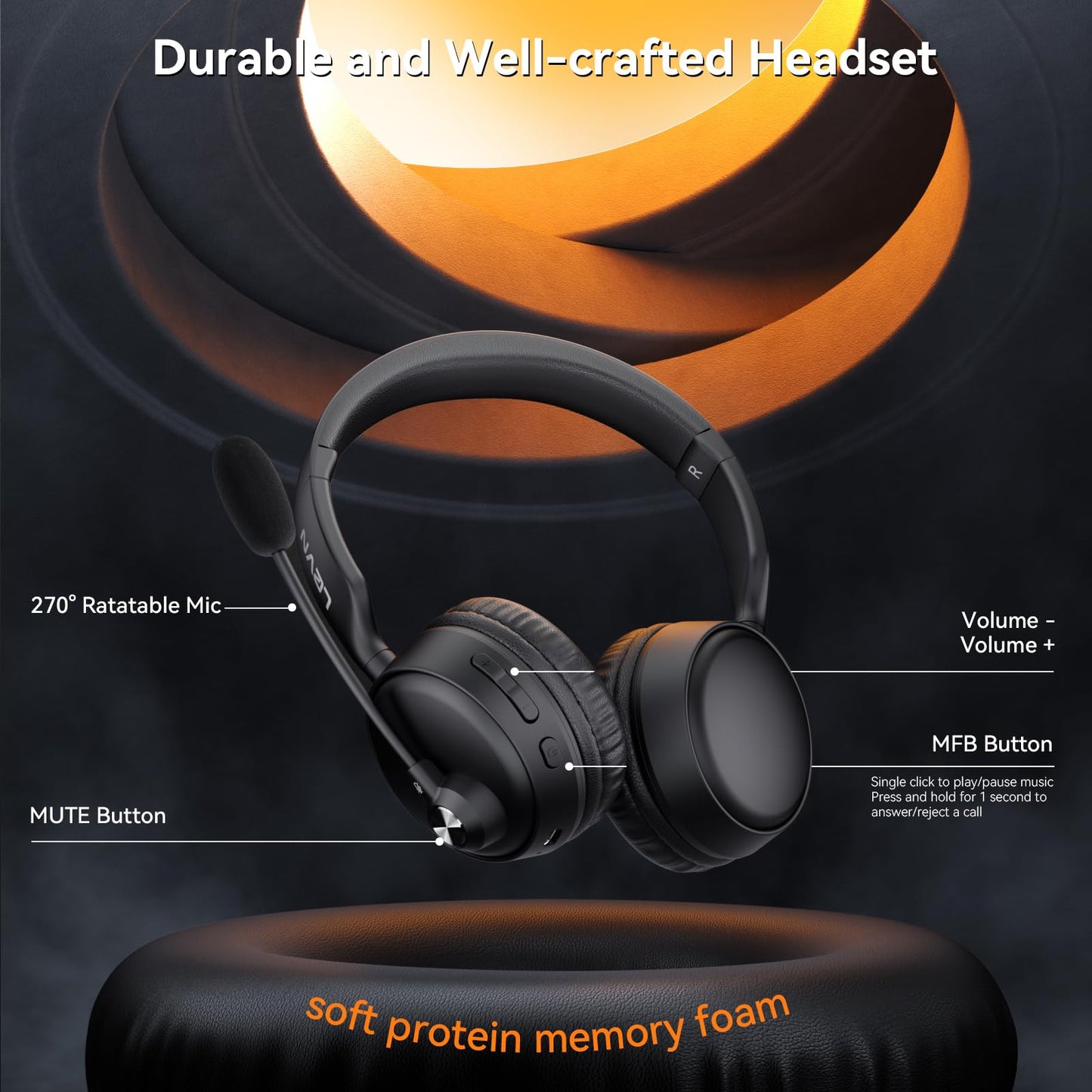 LEVN Bluetooth Headset with Microphone, 60 Hrs Working Time Dual Connection Bluetooth Headphones with Mic, Wireless Headset with Mic for Work/Video Meetings/Phone/Call Center/PC/Music/Zoom/Teams