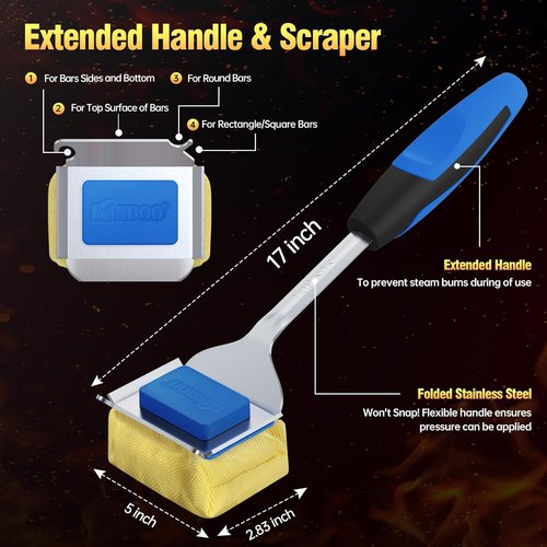 Grill Brush - Bristle-Free BBQ Cleaner with Replaceable Head & Extended Handle | Safe for Cast Iron & Stainless Steel Grates - Blue