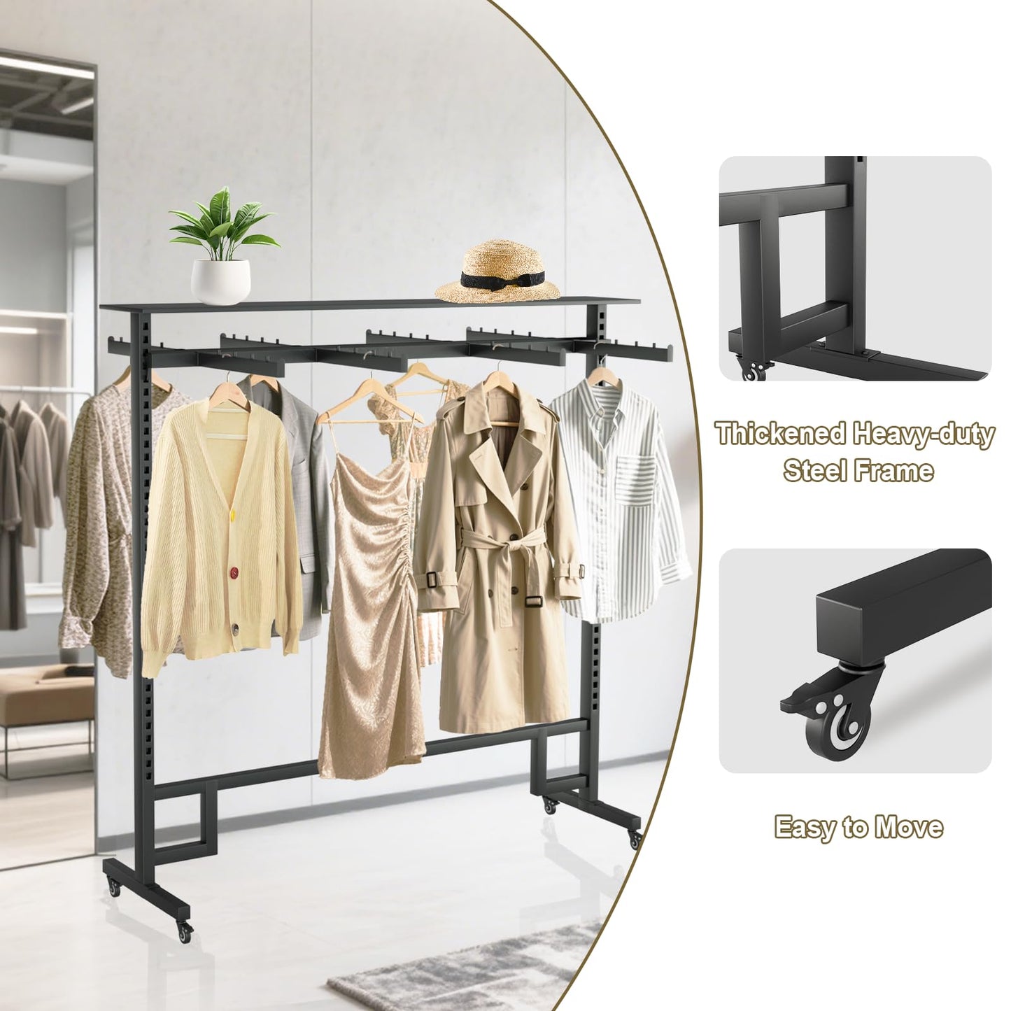 BFECGDXT Retail Clothing Rack with Adjustable 8 Arms, Portable Boutique Display Hanging Stand on Wheels and Top Shelf, Floor Standing Metal Garment Shirts Racks, Black