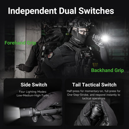 NEXTORCH P91 Tactical Flashlight High Lumens, 5000 Lumens Dual Switch Rechargeable Flashlight with 6 Modes & Strobe & Ceramic Glass Breaker for Night Duty, Breakout Operations, Tactical Training, etc
