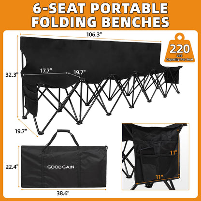 G GOOD GAIN Portable Soccer Bench - Team Bench Soccer 6 Seats with Bag, Sideline Folding Bench, Folded Chair Seating 6 for Football Camp Outdoor Sport Events, Team Chairs for Adults, Black